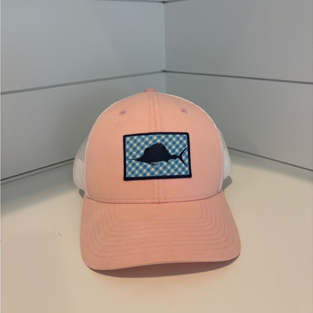 Columbia Pink and White Trucker Hat with Blue Fsh Patch
